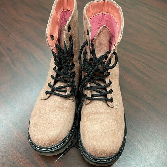 Blush Pink Velvet Combat Boots - Picture 1 of 5